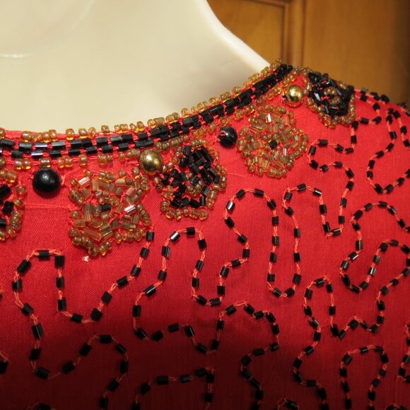 Laurence Kazar Red/Gold/Black Beaded Top Jacket Crop Silk Evening Formal Size XL - Picture 4 of 10